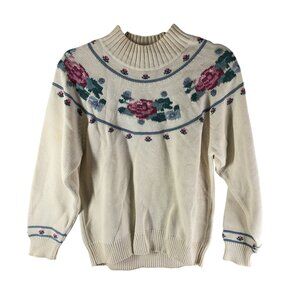 Eddie Bauer Womens Vintage 90s Floral Grandma Sweater Ivory Cotton Crewneck M